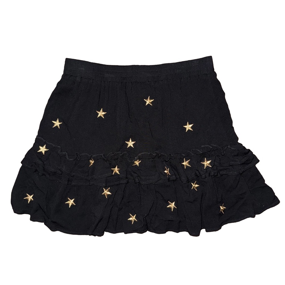 💖 Storia Tiered Celestial Black Mini Skirt Whimsigoth Gold Star Embroidery